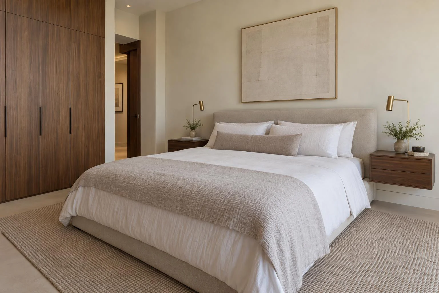 Luxury editorial Photo Studio result with a new composition focused on the fictional bedroom bed and walnut cabinetry