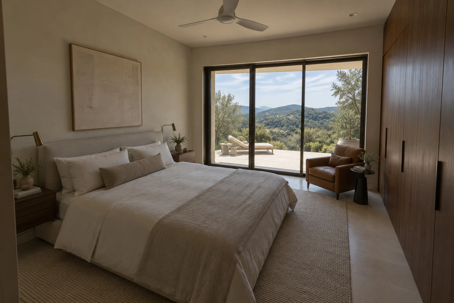 Dim original photo of Alder House bedroom with cream linen bed and bronze-framed terrace doors