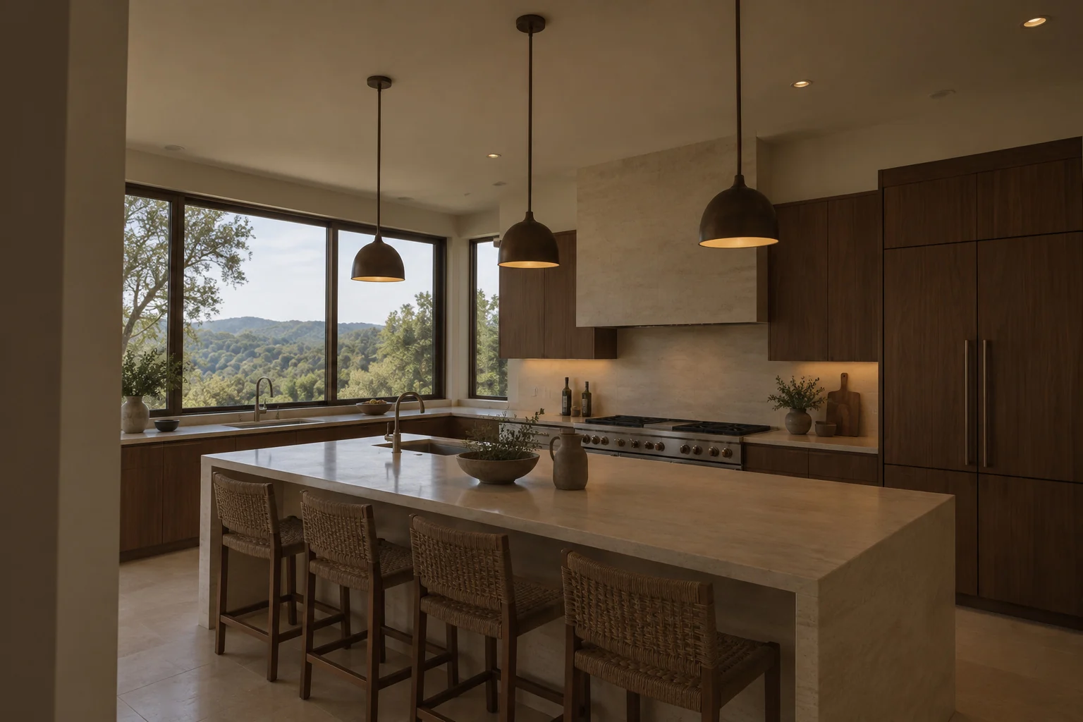 Dim original photo of Alder House kitchen with walnut cabinets and a limestone island
