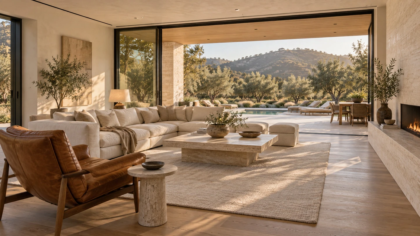 Stonehaven living room opening onto the pool terrace